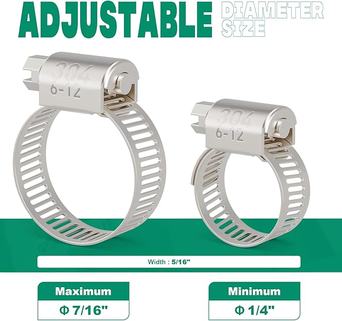 24PCS Hose Clamps Stainless Steel Adjustable 1/4"– 7/16"(6-12mm) Worm Gear Hose Clamp, Heavy Duty Metal Small Hose Clamps for Automotive, Pipe, Radiator Plumbing, Fuel Line