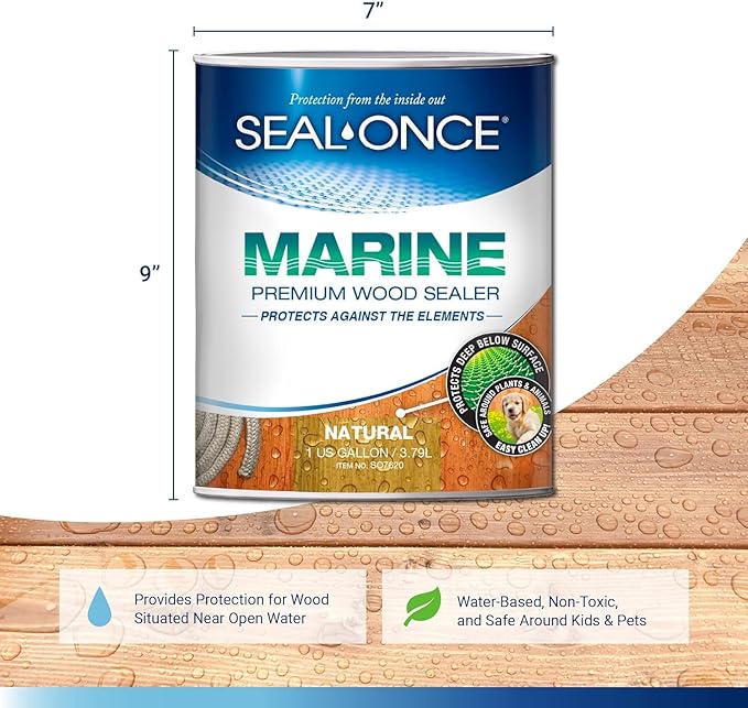 SEAL-ONCE Marine Ready Mix - 2 Gallon Penetrating Wood Sealer Waterproofer & Stain (Natural). Water-Based, Ultra-Low VOC Formula for high-Moisture Areas to Protect Wood Docks, Decks & Piers.