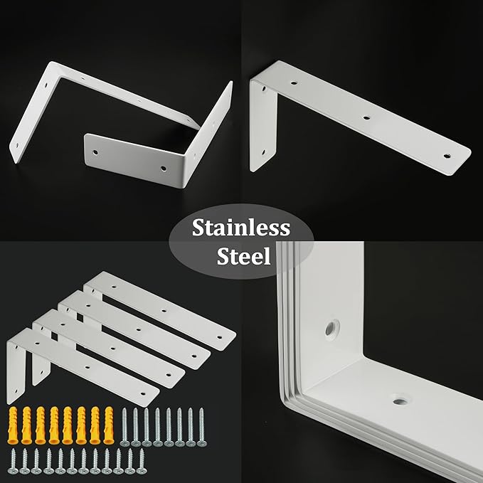 Alise Floating Shelf Brackets Heavy Duty L-Shaped Wall Brackets - White Angle Corner Braces for Shelves, Stainless Steel Reinforced Shelf Support Bracket for Wooden Boards 9x5 Inch,Pack of 4