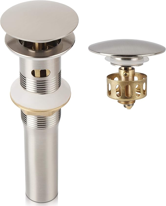 Brushed Nickel Pop Up Sink Drain with Overflow, Bathroom Faucet Vessel Sink Drain with Detachable Basket Stopper