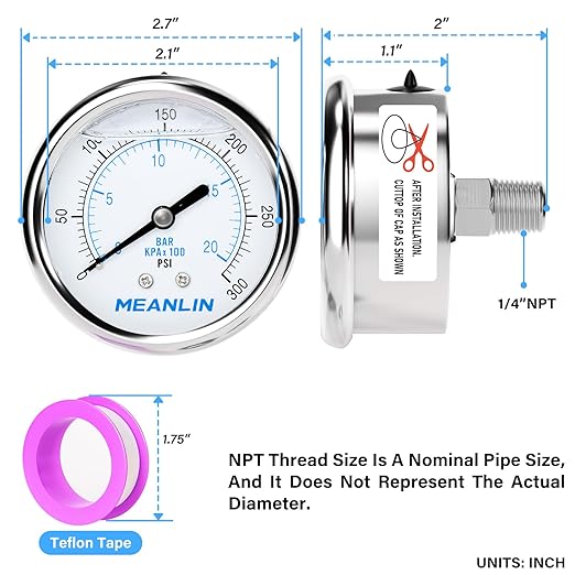 MEANLIN MEASURE 0~300Psi Liquid Filled Pressure Gauge Stainless Steel with 316 Stainless Steel Joint 1/4" NPT 2.5" FACE DIAL for Air Compressor Air Regulator Water Filter Center Back Mount