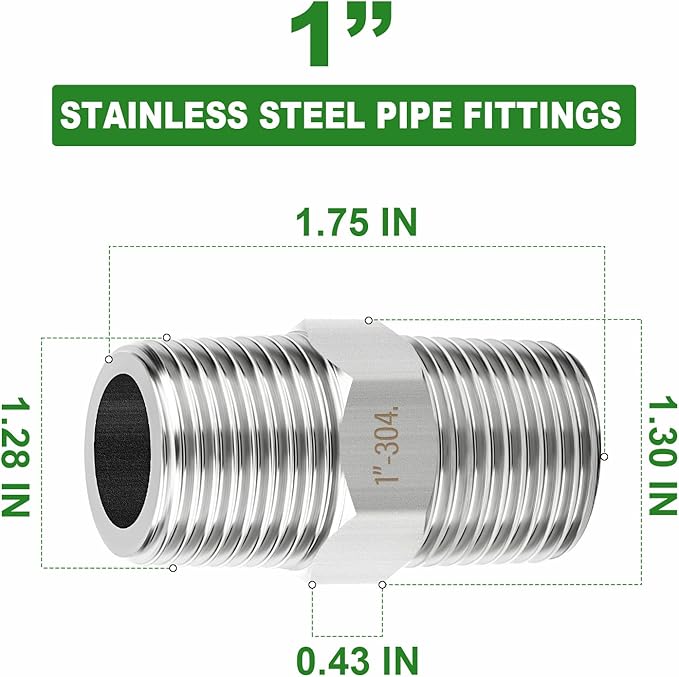TAISHER 5PCS 304 Stainless Steel New Hex Nipple, 1" NPT Male x 1" NPT Male, Pipe Adapter Fitting