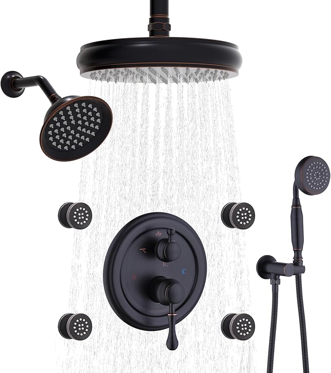Enga Antique Shower Faucet Sets Dual Heads with 4 Body Jets, 8" + 6" Ceiling & Wall Mount Vintage Shower Head with Handheld Spray Combo, 4 Way Diverter Brass Valve, Oil Rubbed Bronze