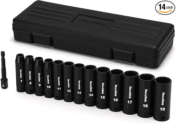 14 Pieces 3/8-Inch Drive Impact Socket Set, 12-Point, Metric, Deep, CR-V, 7mm to 19mm, Drill Socket Adapter 3/8"