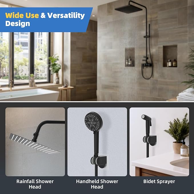 Hibbent All Metal 3 Pack Shower Head Flow Control Valve, G1/2 Brass Shut-off Valve with Metal Handle Lever, Shut OFF Water Flow Control Regulator for Handheld Shower, or Bidet Sprayer, Matte Black
