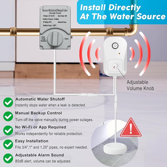 Water Leak Detector for Home, Water Alarm Leak Detector with Automatic Shutoff, Includes Leak Sensor and Water Valve, for 3/4-Inch Diameter Pipe, Protect Your Home from Water Damage