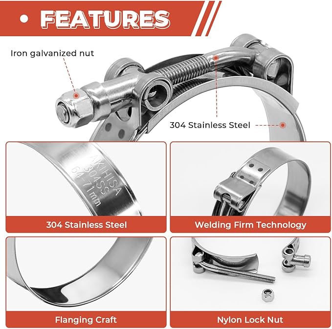 2 Pack 1.25 inch T-Bolt Hose Clamps, Stainless Steel_304 Working Range 41mm-46mm for 1.25" Hose ID, Turbo Intake Intercooler Clamp for Automotive