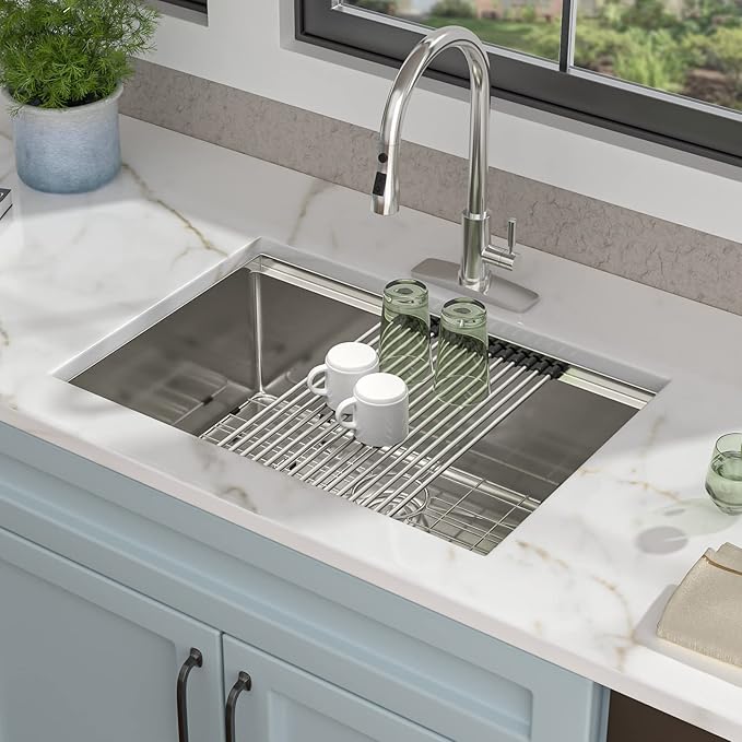 28"x19" Undermount Kitchen Sink Ledge Workstation – 16 Gauge 304 Stainless Steel Round Corners Under Counter Single Bowl Sink Basin