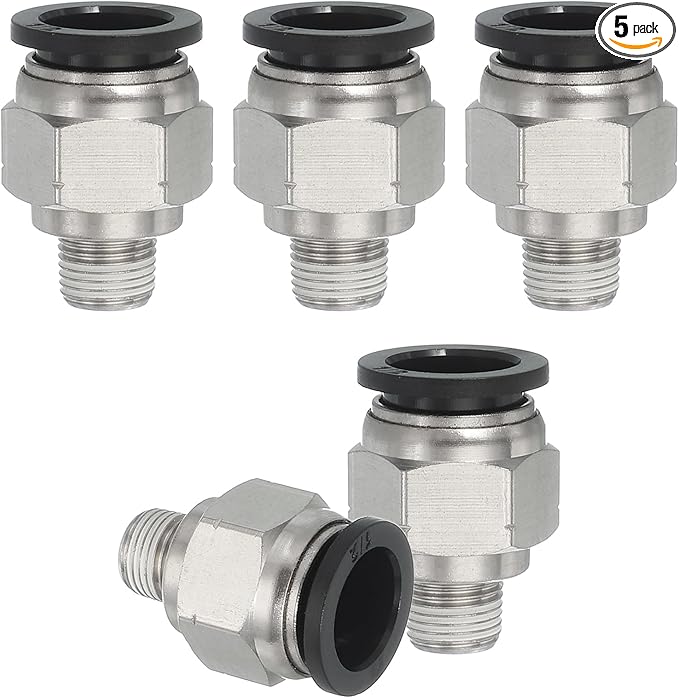 MECCANIXITY 5 Pcs NPT Push to Connect Air Fittings, Male Straight 1/2" Tube OD x 1/8" NPT Thread Air Quick Connector Coupling Adapter for Gas Hose Pneumatic Tools, Black