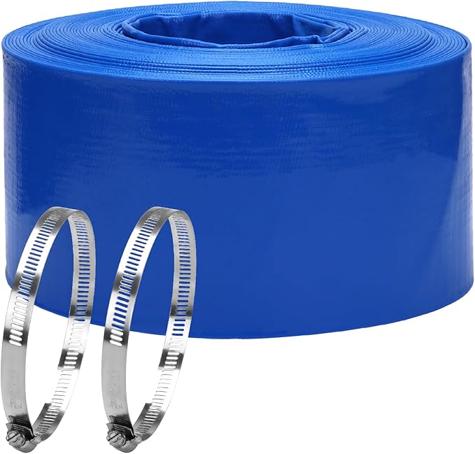 Lay-Flat Pool Backwash Hose - 4" x 100Ft Reinforced Heavy Duty PVC Discharge Hose Weather-Proof Vinyl Pool Drain Hose for Water Transfer with 2 clamps