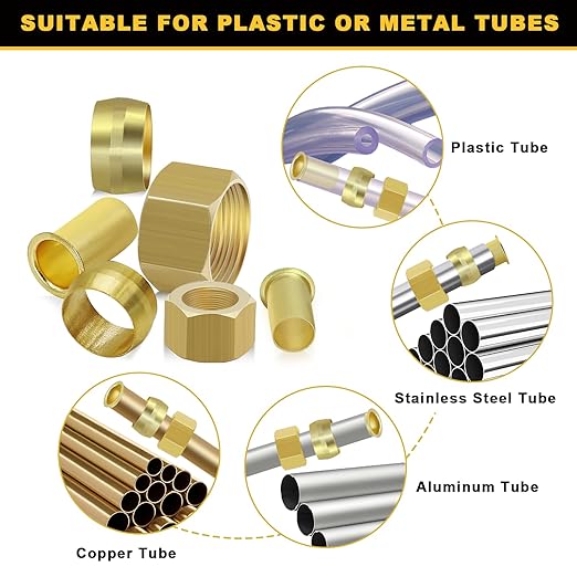 Siptenk 255PCS Brass Compression Sleeves Ferrules Inserts Nuts Fittings for Tube OD 1/2" 3/8" 5/16" 1/4" 3/16" 1/8", 6 Sizes Hose Compression Fitting Brass Ferrule Kit