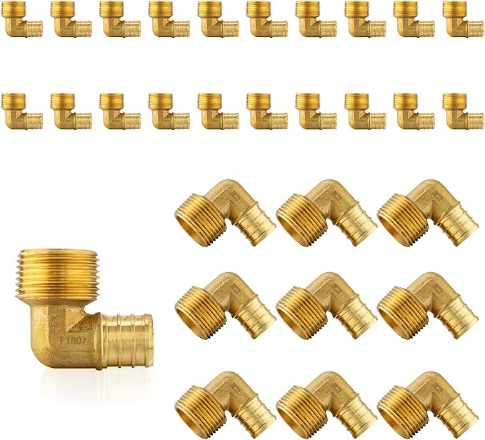 (30-Pack) PEX Fittings, Pex 3/4" x 1/2" Male Threaded NPT Elbow Adapter, Brass Crimp Fittings, for PEX Tubing Pipe Plumbing, ASTM F1807(PEX1807101-30Pack)