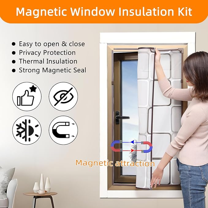 DIY Magnetic Window Insulation Kit Matte Frosted Privacy Film for Cold Winterizing Kit Cuttable Window Covering(48"x44")