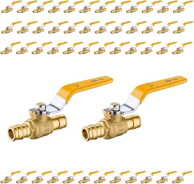 50-Pack Foskan 1/2" Brass PEX-A Ball Valve with Yellow Handle, Quarter Turn Full Port Valve for PEX-A Pipe Connection