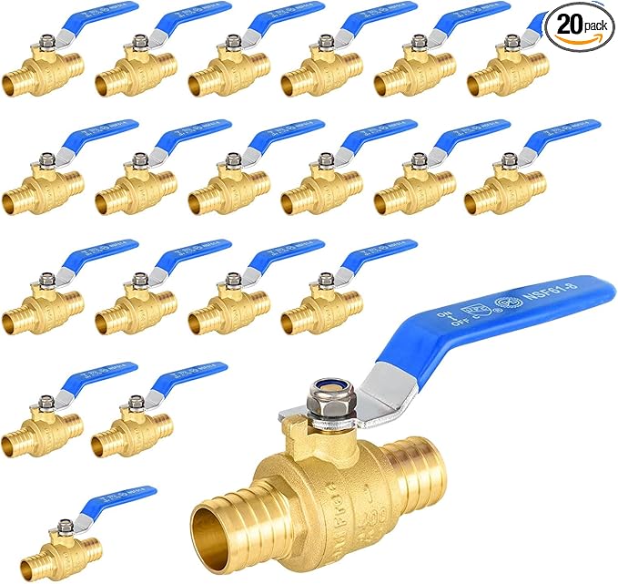 20 Pack Ball Valves, 1" Pex Crimp Shut Off Valve Blue, Brass Full Port Pex B Shut Off Ball Valve for Hot and Cold Water, NSF/ANSI 61 Certified