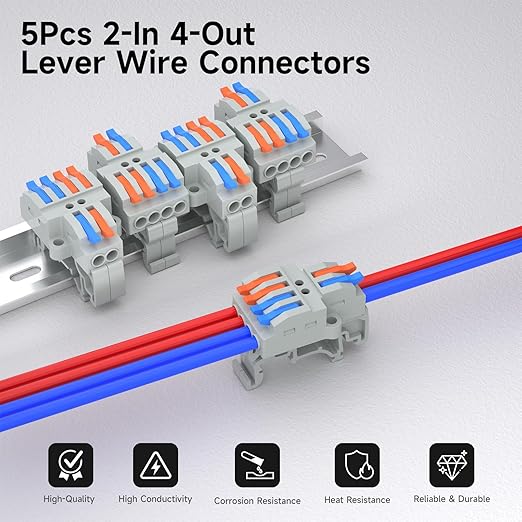 5Pcs Lever Wire Connectors, 2 in 4 Out, Push-in, 4-2.5 mm² Quick Wiring DIN Terminal Blocks, 30Pcs Wire Ferrules Terminals & 5.51 Inch DIN Rail Included