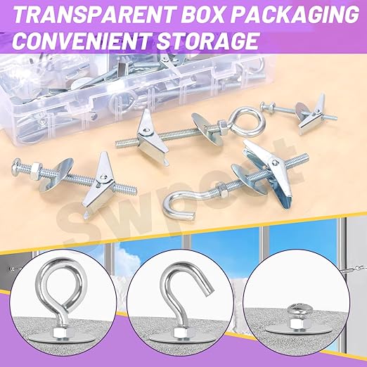 Swpeet 30 Set 3 Styles Toggle Bolts and Wing Nut Kit with Hex Nuts, Washers Assortment Kit, Spring Toggle Bolt, Eye Toggle Bolt, Ceiling Hooks Bolts, Heavy Duty Butterfly Toggle Anchors Hooks Drywall