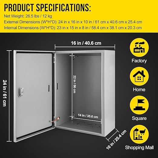 Outdoor Electrical Box, 24x16x10 Steel Junction Box, NEMA 4X Electrical Enclosure Box IP66 Waterproof & Dustproof, Universal Electrical Project Box with Lock & Mounting Plate