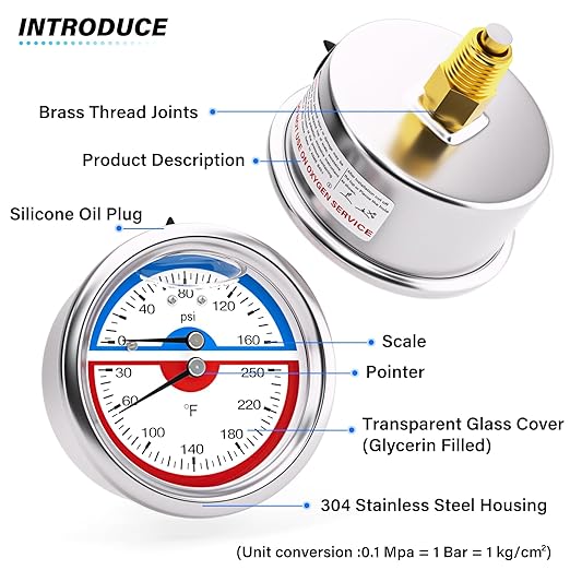 MEANLIN MEASURE 0-160Psi Stainless Steel Thermal Pressure Gauge 30-250℉ 1/4" NPT 2.5" FACE DIAL Liquid Filled Pressure Gauge, with 1/2" NPT and 3/8" NPT Hex Bushing, Back Mount