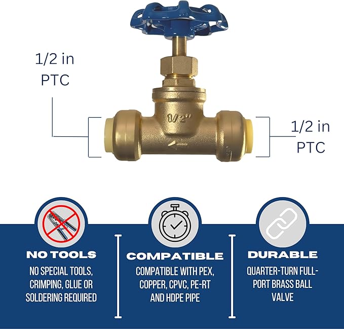 XFITTING 1/2 inch Push Fit Stop Valve with Drain and Vent, Push to Connect Brass Plumbing Fitting, Pex Pipe, Copper, CPVC, PE-RT, HDPE, 2-5-1=5, 5 Pieces