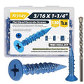 130Pcs 3/16 x 1-1/4 in Concrete Screws with Drill bits,Masonry Screws for Concrete Assortment Kit,Flat Head Block Cement Stacoo Screws and Anchors,Diamond Point,Blue Coated(1LB)