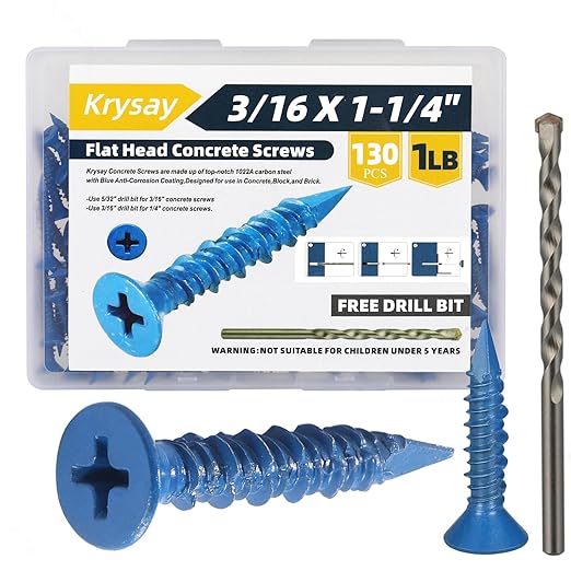 130Pcs 3/16 x 1-1/4 in Concrete Screws with Drill bits,Masonry Screws for Concrete Assortment Kit,Flat Head Block Cement Stacoo Screws and Anchors,Diamond Point,Blue Coated(1LB)