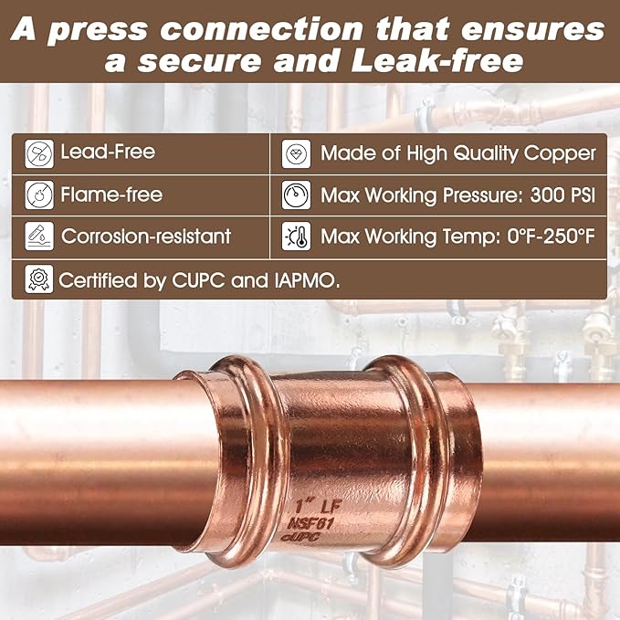 Copper Press Fittings,1inch Copper Coupling with Stop 1-Inch PxP Zero Lead,Outer Diameter 1-1/8”,6PCS Press Fittings 1” Coupling with Stop for Plumbing,Use with Hydraulic Press Fitting Tool