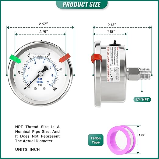 0-100PSI Stainless Steel Liquid Filled Pressure Gauge, 2.5" Dial Size, 1/4" NPT 316 Stainless Steel Joint, Back Mount, for Tube, Water Pump, Gas, Liquid (with Range Mark Pointer)