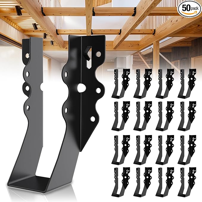 25Pcs Black 2x6 Joist Hangers for Wood,18 Gauge Metal Face Mount Joist Hanger,Lu26 Joist Hangers Powder Coating,Hurricane Ties for Rafter,Rafter Brackets 2x6 for Deck,Floor,Roof Overhang,Ceiling Joist