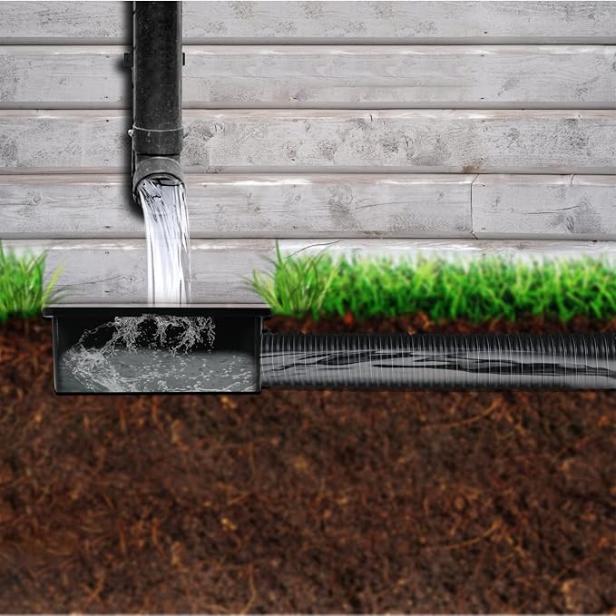 Low Profile Catch Basin Drain Kit Downspout Extender, 9"×9" Catch Basin Gutter Downspout Extensions with 2.56" ID Flexible Pipe, Pipe Stretched Length 5ft, Protect House Foundation