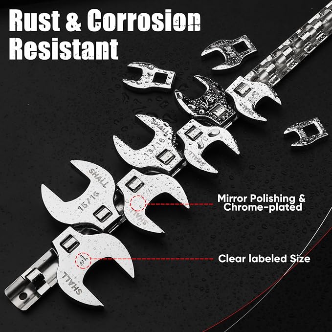 SHALL 3/8" Crows Foot Wrench Set, 11-Piece SAE Crowfoot Wrench Set with Clip-on Organizer, 3/8"-1", Tools for Mechanics, Access Fasteners in Tight Spaces