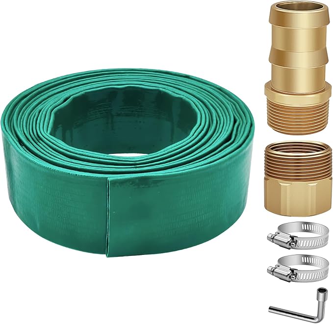 25FT Pool Backwash Hose Kit, 1.5" Lay-Flat Pool Hose Set, 25FT Discharge Pipe Hose for Pool, 1.25" Sump Pump Discharge Hose with 1-1/2" Barb and 1-1/4"FPT Pump Adapters