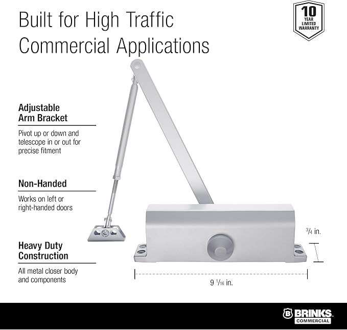 Brinks Commercial Heavy Duty UL Listed Door Closer, Aluminum Finish - Commercial Door Hardware for Offices & Buildings