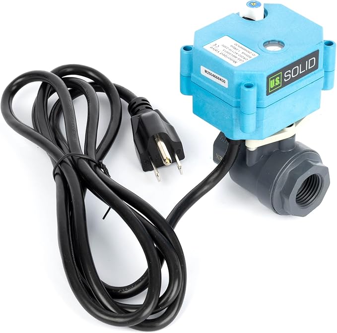 U.S. Solid 1/2 inch PVC Motorized Ball Valve - Plastic Electrical, US Plug, 2 Wire Auto Return, AC 110~230V, IP67, Manual Override, Normally Closed