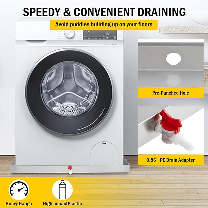 27" x 25" Washing Machine Drain Pan with Drain Hole & Hose Adapter, 304 Stainless Steel Heavy Duty Washer Drip Tray with 4 Anti-Vibration Feet for Compact Washers