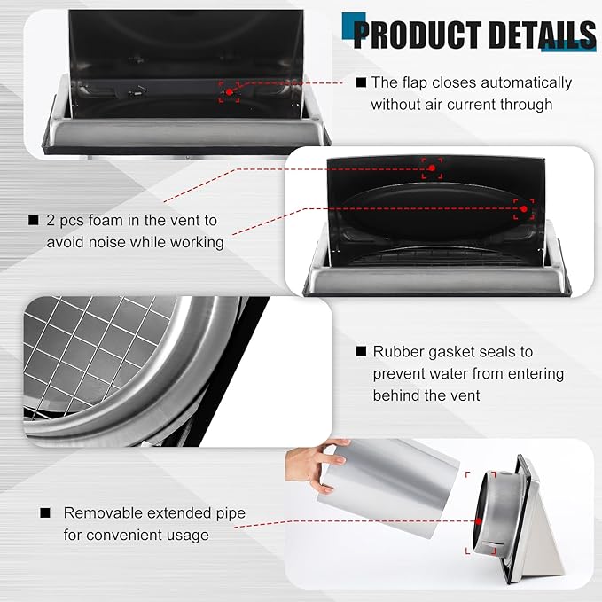 Gisafai 6" Outside Dryer Vent Cover for Exterior Walls Exhaust Vent Cap with Removable Extension Pipe Stainless Steel Hood Cushioned Non Return Flap with Sealing Gasket Grille Screen