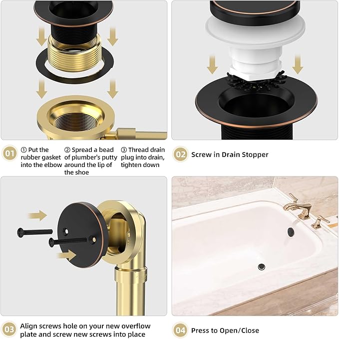 Oil Rubbed Bronze Tub Drain Kit with Hair Catcher, Premium Brass Tip-Toe Bathroom Tub Drain Replacement and 2-Hole Overflow Faceplate, 11.5/16 UNC Bathtub Drain Stopper Assembly