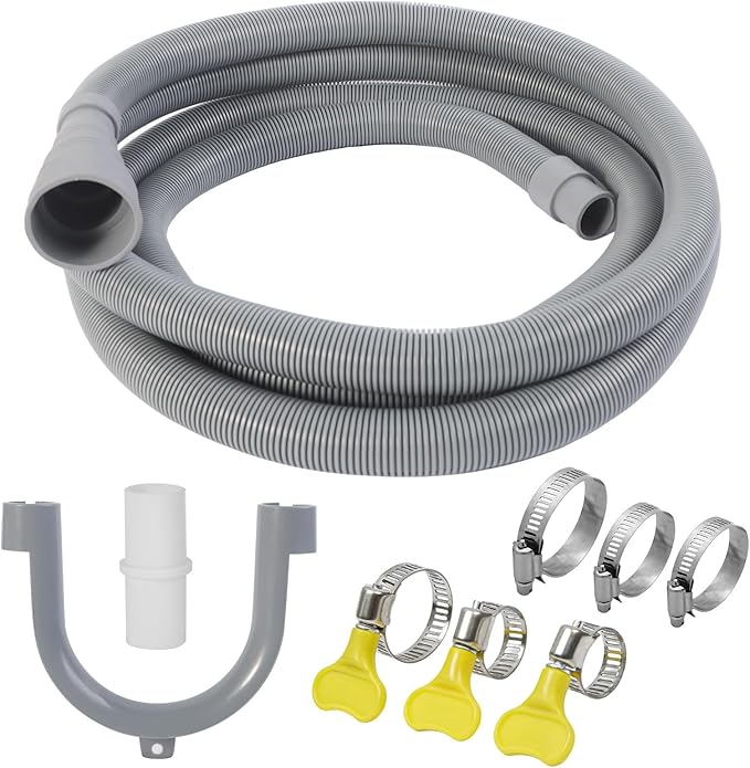 10 FT Washing Machine Drain Hose, Universal Dishwasher Drain Hose Kit, Including a 10 FT Dishwasher Drain Hose Extension, 1 White Extension Joint, 6 Steel Clamps and U-Shaped Elbow Hose Bracketr