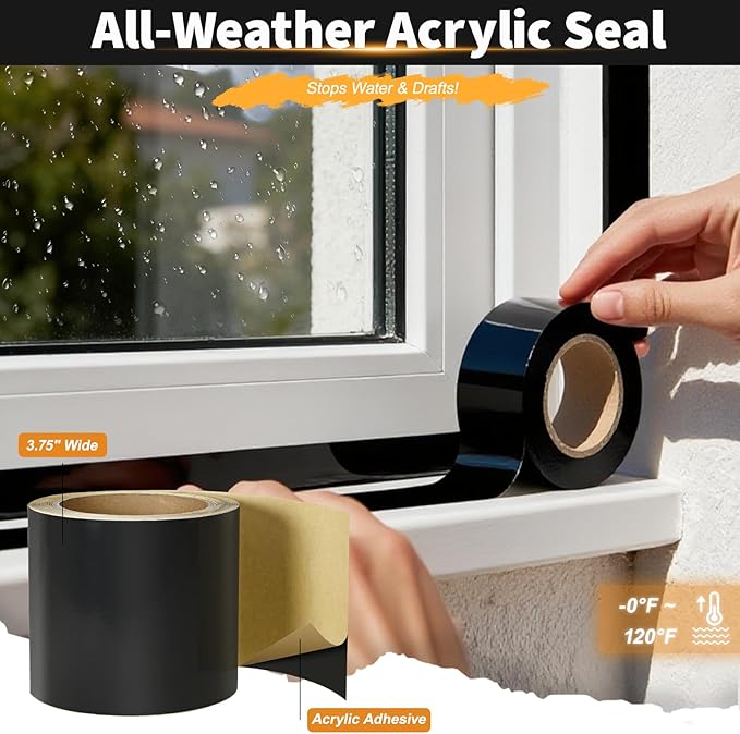 Flashing Tape for Windows and Doors, 3.75 in x 90 ft Roll, Acrylic Adhesive, Self-Adhesive Flashing Tape, Waterproof, UV Resistant, Great for Sealing Doors, Windows, and Construction & Repairs