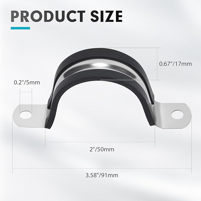 2 Inch 10 PCS 2 Holes Rubber Cushioned U Bracket Clamp, Reinforced Rigid Pipe Strap, Stainless Steel Conduit Straps Cable Clamp (50 mm) by Tavonuxt