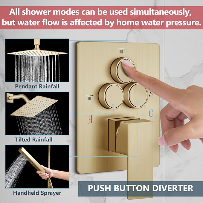 Aolemi Shower Faucet Set Ceiling Mount Shower System Rough-in Valve and Shower Trim Kit 12 and 6 Inch Dual Shower Head 2 in 1 Handheld Spray Push Button Diverter Brushed Gold
