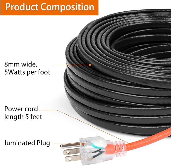 80FT(3~200FT) Heat Tape for Water Pipes, -40°F Deicing Heating Cable, Freeze Protected Water Pipe Heating Cable,120V 5W/ft