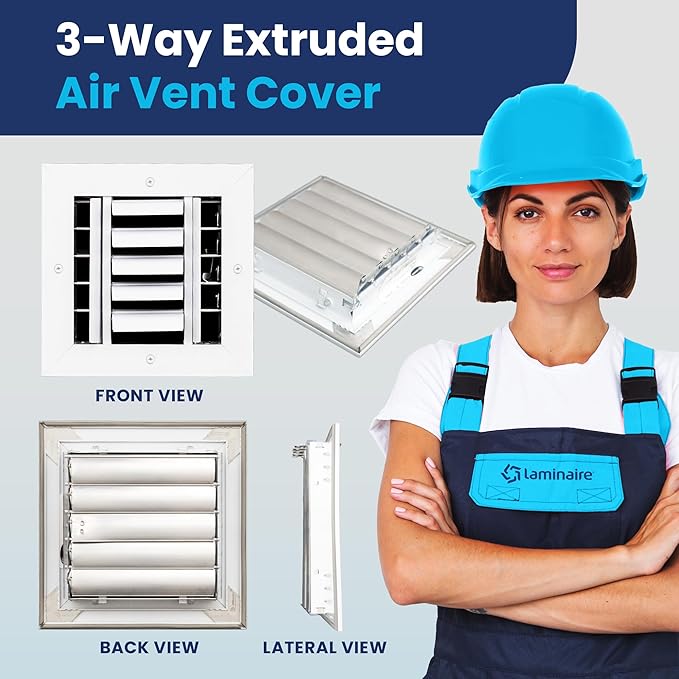 6x6 Inch (Duct Opening) Aluminum 3-Way Air Flow Vent – HVAC Vent Cover for Wall or Ceiling – Quiet HVAC Wall Register with Multi-Shutter Damper – Adjustable Curved Blade - Plastic Seal for Tight Fit