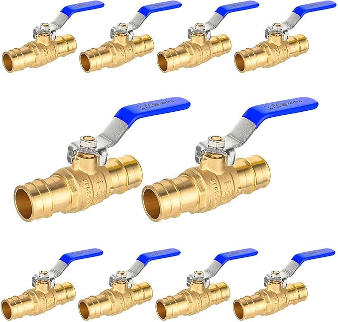 10-Pack Foskan 1" Brass PEX-A Ball Valve with Blue Handle, Quarter Turn Full Port Valve for PEX-A Pipe Connection