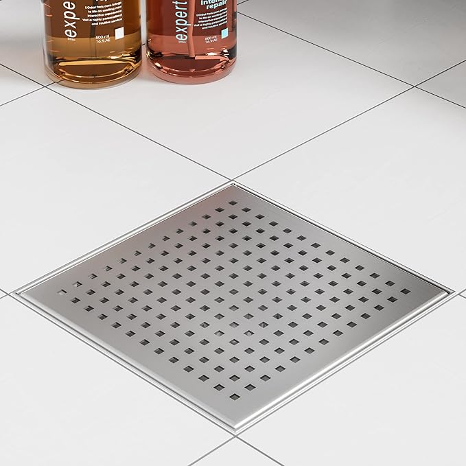 Neodrain 8-Inch Square Shower Drain with Removable Quadrato Pattern Grate, Brushed 304 Stainless Steel Square Drain with Stainless Hair Strainer,CUPC Certified.