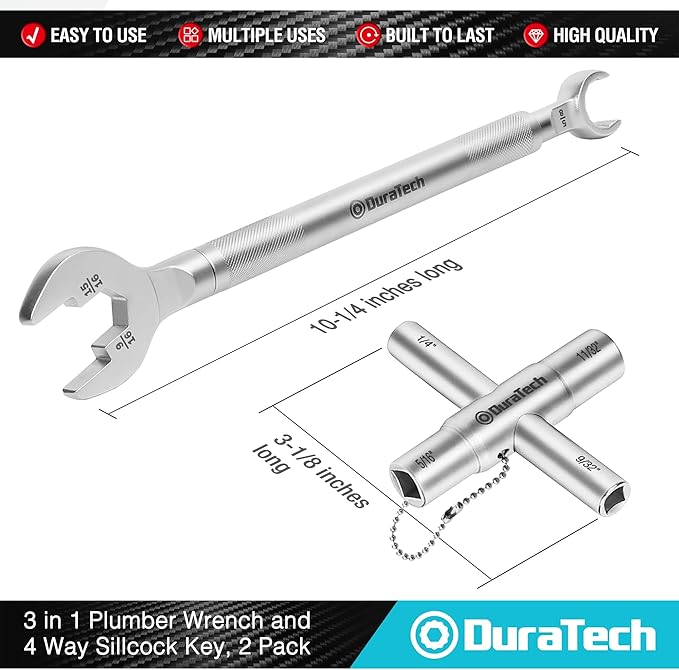 DURATECH 3-in-1 Plumber wrench & 4 Way Sillcock Key, 2-Pack, for Valve, Faucet nuts, and Spigots