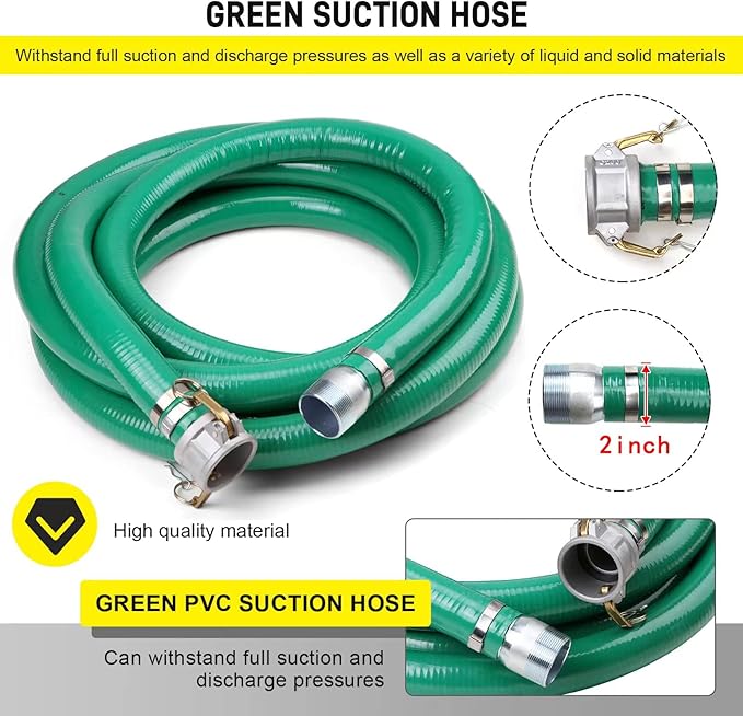 Discharge Hose Pump Kit Includes 2" x 50' Blue PVCBackwash Hose & 2"×20' Green PVC Suction Hose,With aluminum cam lock fitting, round hole suction cup filter and groove adapter