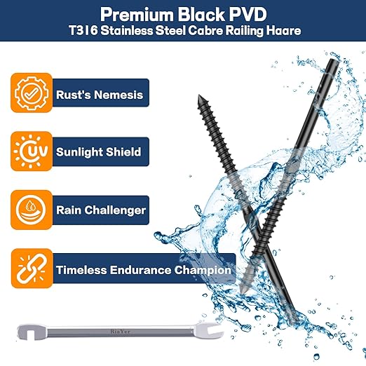 100 Pack Black T316 Stainless Steel Left & Right Handed Thread Swage Lag Screws for 1/8" Wood Post Cable Railing Kit, Deck Railing, Black Cable Railing Hardware System, Wrench Included
