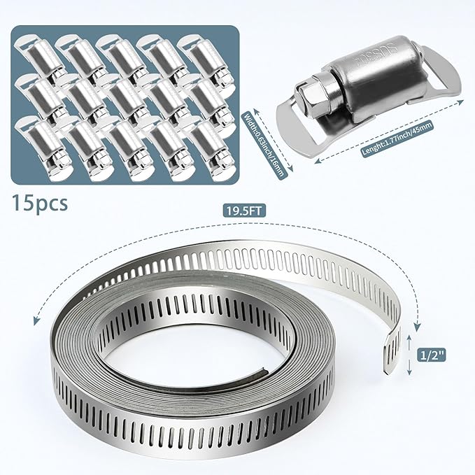 304 Stainless Steel Hose Clamps - For DIY,Cut-To-Fit 19.5 FT Metal Strap + 15 Stronger Fasteners Assortment Kit Large Adjustable Worm Gear Band Screw Clamps Duct Pipe Metal Clamp Strapping