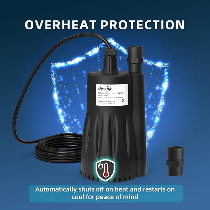 1/3 HP Submersible Water Pump, 1800 GPH Sump Pump with Thermoplastic Housing, 115V Portable Electric Water Pump with 10 Ft Cord for Basement, Yard, and Pool Cover